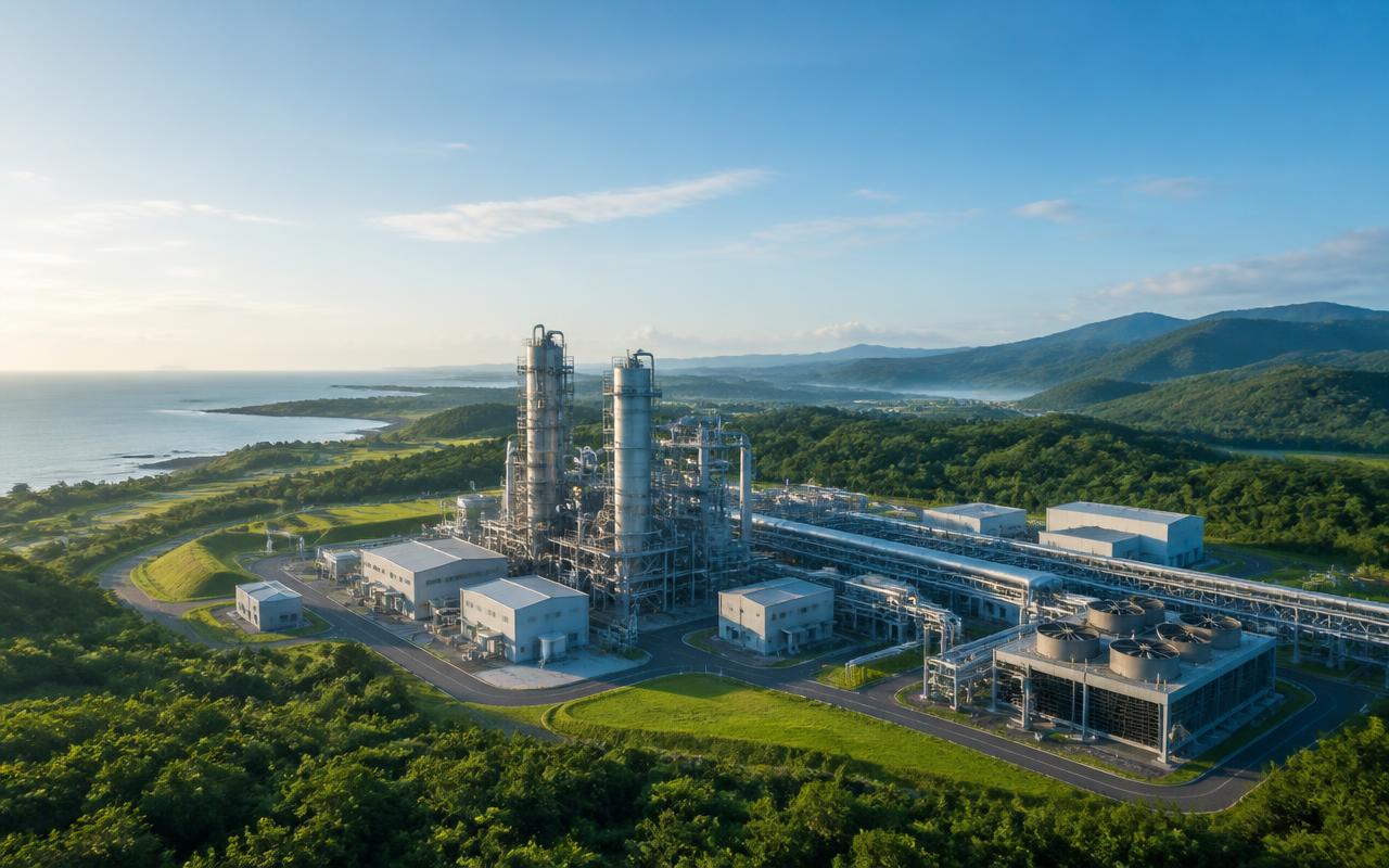 Aerial view of a modern carbon capture facility in a green coastal landscape